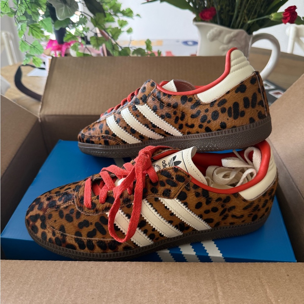 Adidas Leopard Print Sneakers with Red Laces